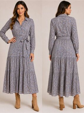 blanc noir Dusty Blue Floral Tiered Maxi Shirt Dress